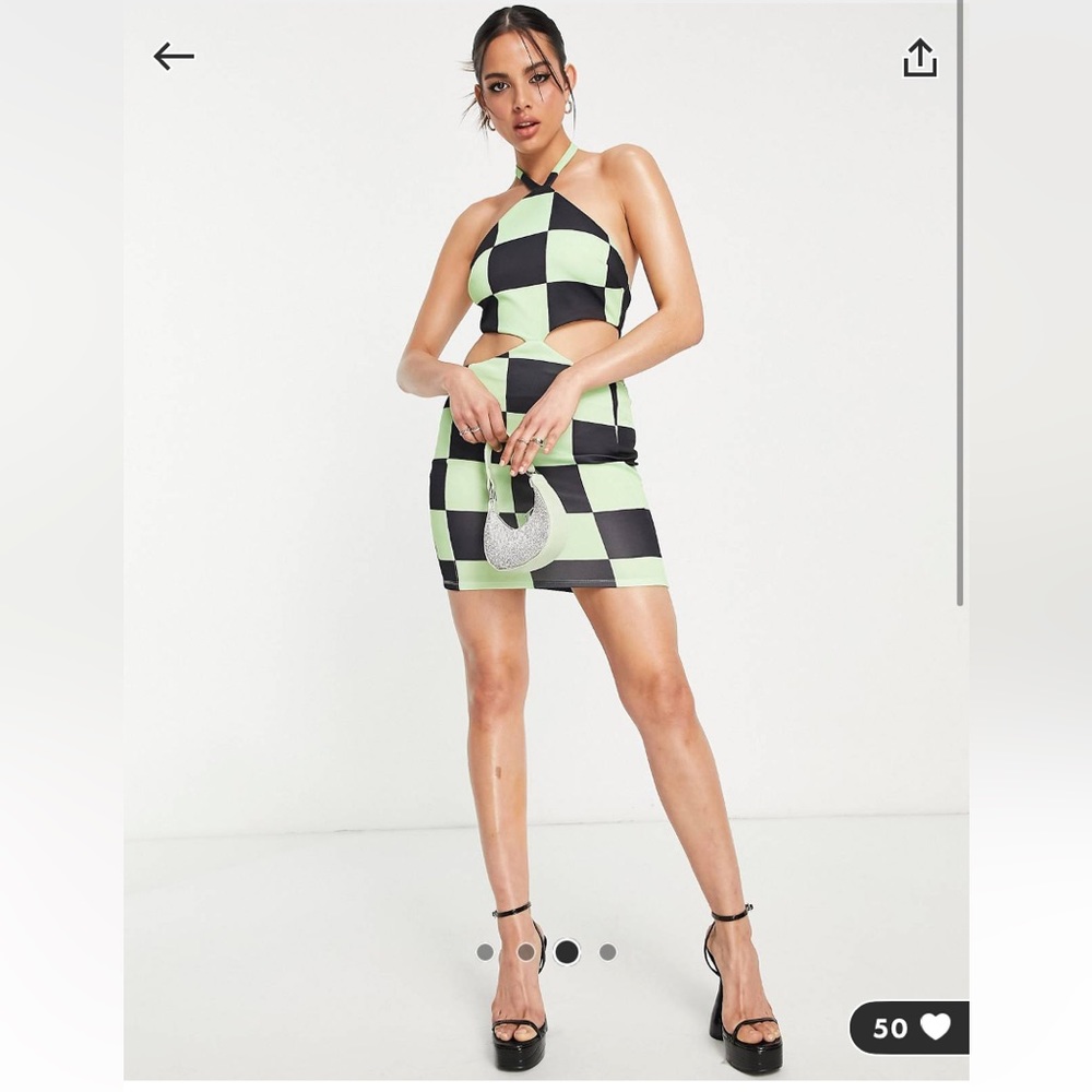 ASOS DESIGN halter cut out mini dress in green and black checkerboard. Size 6.